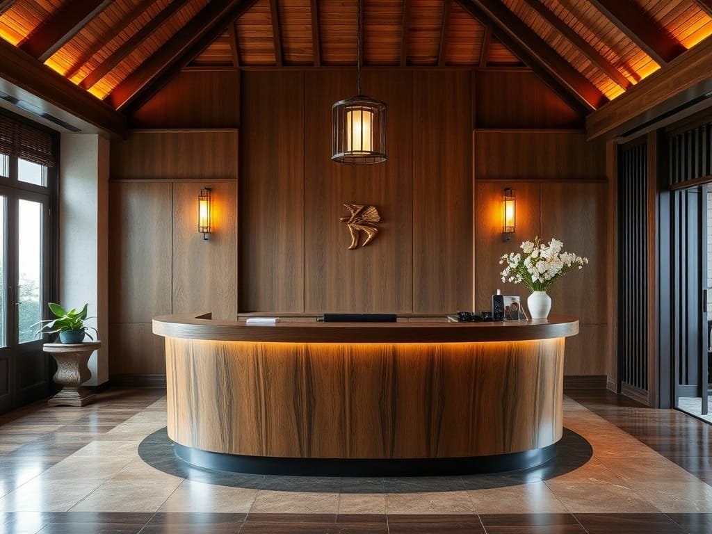 Quầy lễ tân gỗ với ánh sáng thanh lịch trong biệt thự Việt Nam.