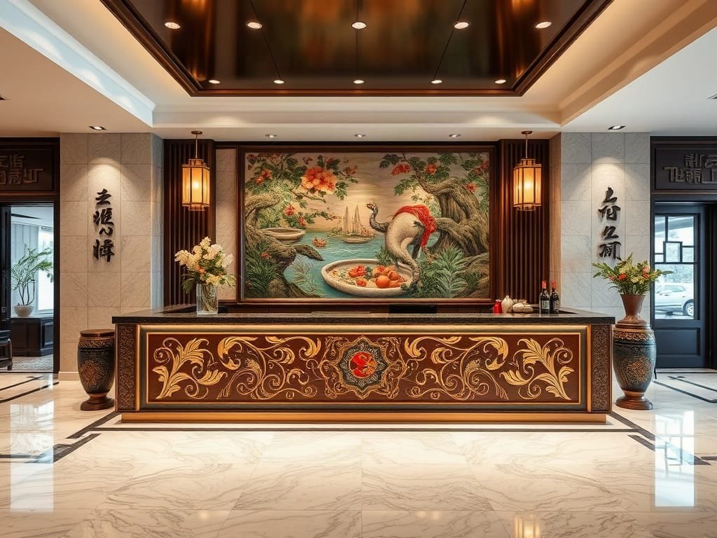 Quầy lễ tân sang trọng trang trí nghệ thuật truyền thống Việt Nam.
