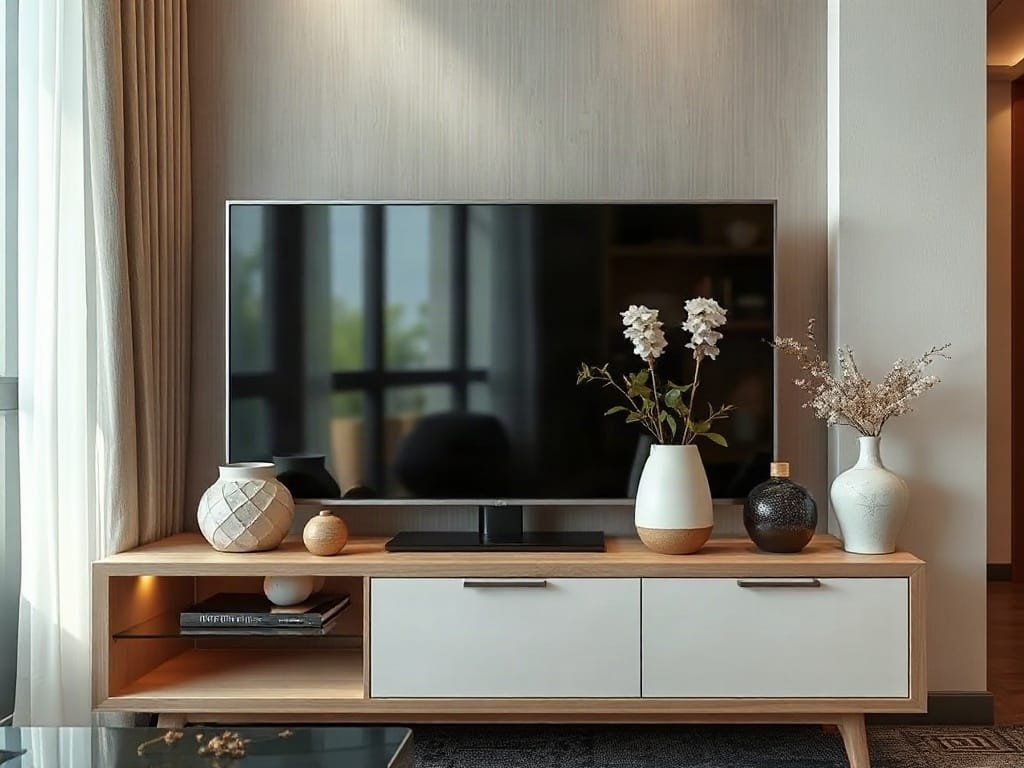 8 Cách Sử Dụng Kệ Tivi Hiệu Quả Hơn Cho Không Gian Sống Sắp xếp phụ kiện trang trí thanh lịch trên kệ tivi trong phòng Việt ấm cúng.