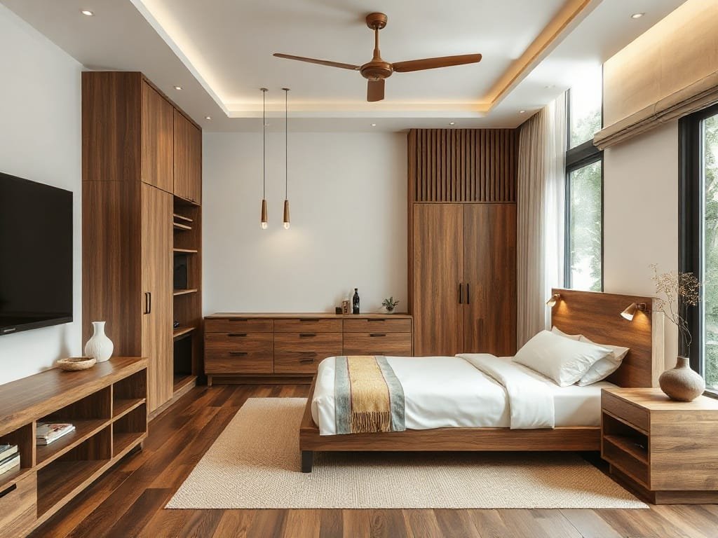 Sự kết hợp hài hòa giữa gỗ và hiện đại trong phòng ngủ kiểu Việt.