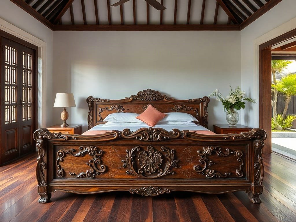 Thiết kế giường gỗ với chạm khắc tinh xảo trong biệt thự kiểu Việt Nam