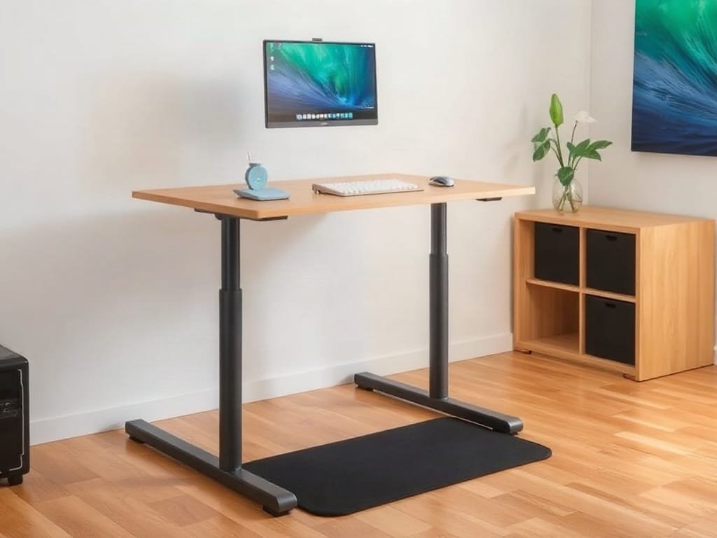 Thiết lập công thái học với bàn đứng và thảm chống mỏi trong phòng rộng rãi