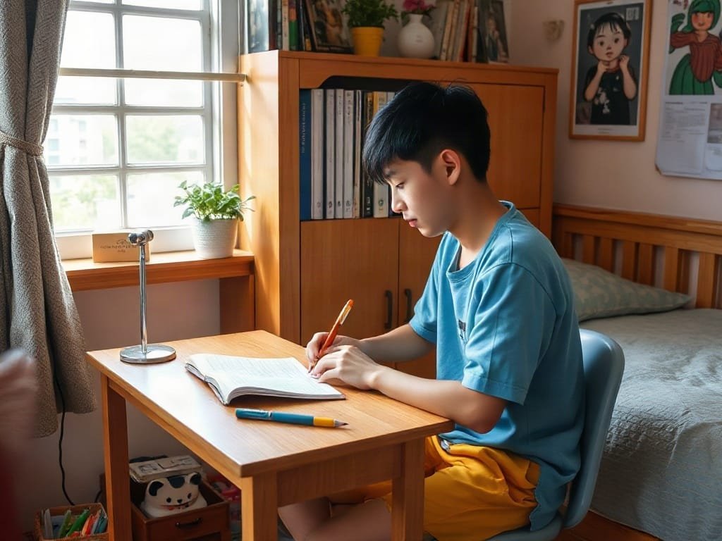 Thiếu niên Việt Nam học tập tại bàn làm việc nhỏ trong phòng ngủ trang trí đẹp.