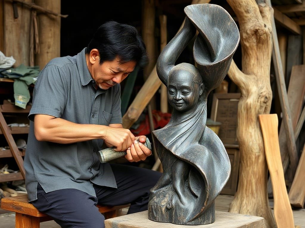 Khám Phá Chi Tiết: Gỗ Trắc Đen Là Gì? Thợ thủ công Việt Nam điêu khắc tượng từ gỗ trắc đen.