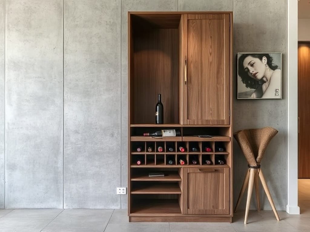 Tủ rượu tối giản trên bức tường bê tông trong studio ở Việt Nam.