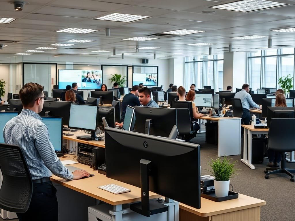 Văn phòng bận rộn với nhân viên sử dụng bàn đứng trong các cuộc họp trực tuyến