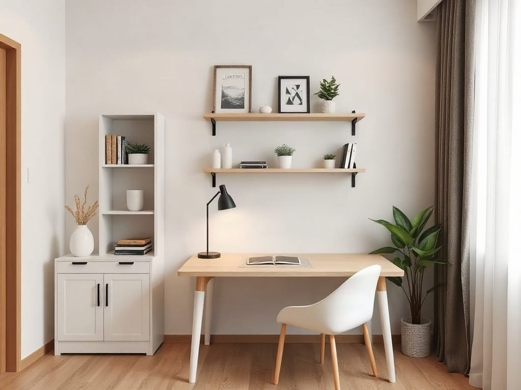 Văn phòng tại nhà ấm cúng trong căn hộ Việt Nam với trang trí tối giản.