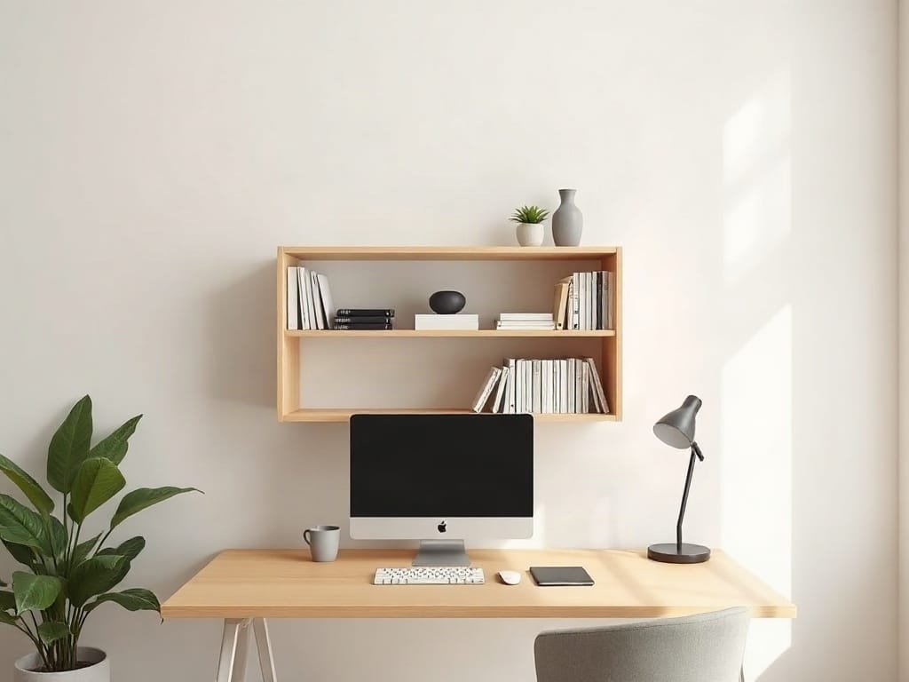 Văn phòng tại nhà tối giản với giá sách màu hài hòa phong thủy.