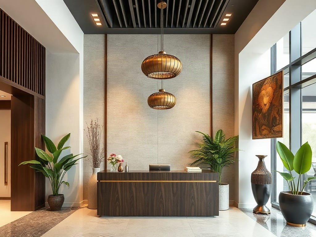 Yếu tố trang trí Việt Nam truyền thống tại quầy lễ tân văn phòng.