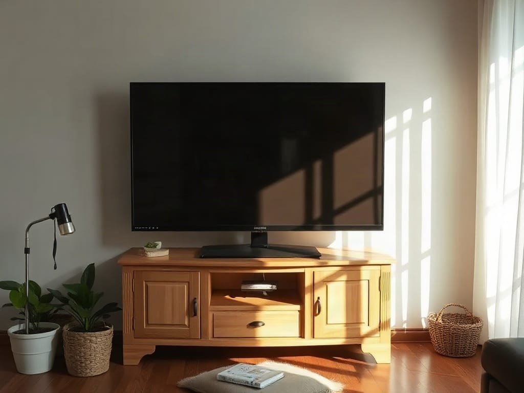 6 Cách Làm Sạch Kệ Tivi Gỗ Đơn Giản Và Hiệu Quả Tại Nhà Ánh sáng tự nhiên đang chiếu sáng kệ tivi gỗ được làm sạch ở bối cảnh Việt Nam