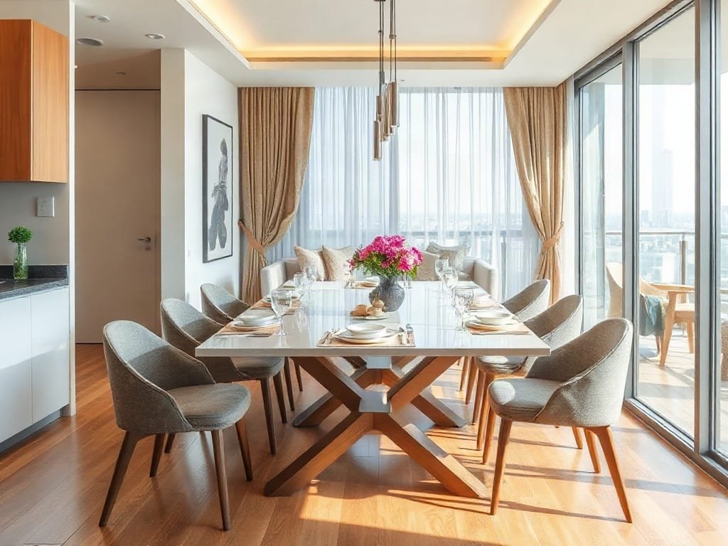 Bàn ăn đương đại trong căn hộ ánh sáng tốt Việt Nam