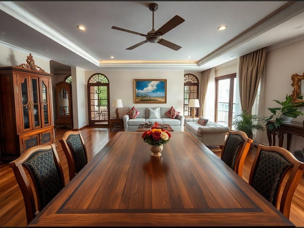 3 Cách Chọn Bàn Ăn Chống Ẩm Mốc Hiệu Quả Cho Gia Đình Bạn Bàn ăn gỗ trong phòng khách rộng rãi của khu biệt thự Việt Nam.