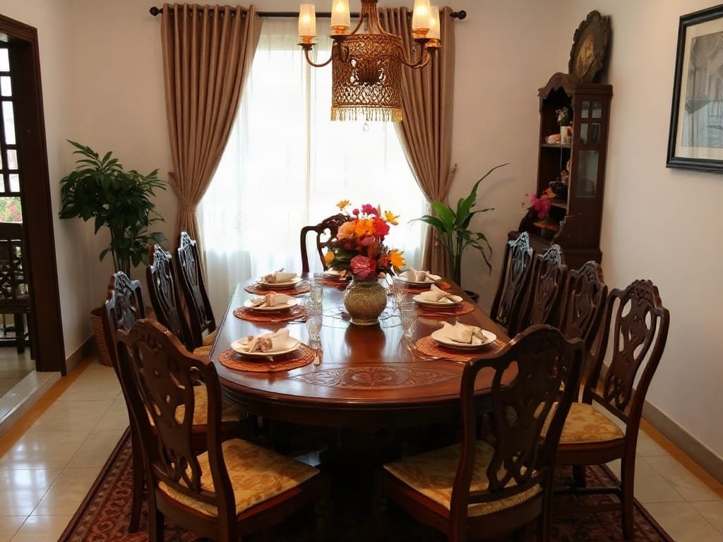 Bàn ăn lễ hội với chạm khắc gỗ tinh xảo trong nhà Việt Nam.