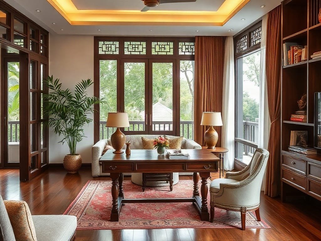 5 Mẹo Chọn Bàn Làm Việc Không Gây Mỏi Lưng: Bí Quyết Cho Sức Khỏe Văn Phòng Bàn gỗ sang trọng trong phòng khách truyền thống Việt, kết hợp tiện nghi hiện đại.