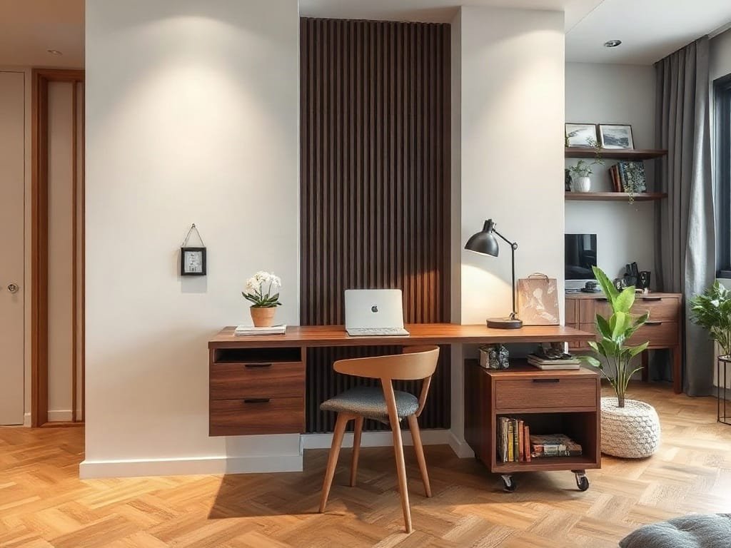 Bàn học gỗ kiểu dáng đẹp đặt trong căn hộ loft Việt Nam.