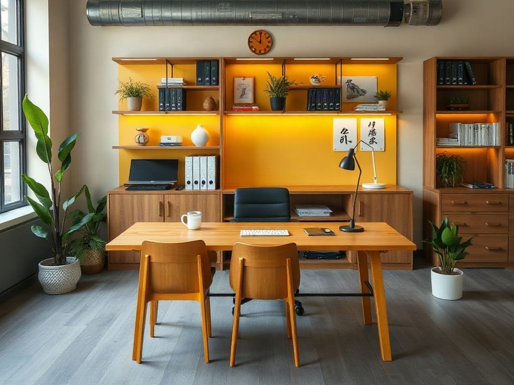 Bàn làm việc gỗ vàng trong văn phòng hiện đại Việt Nam