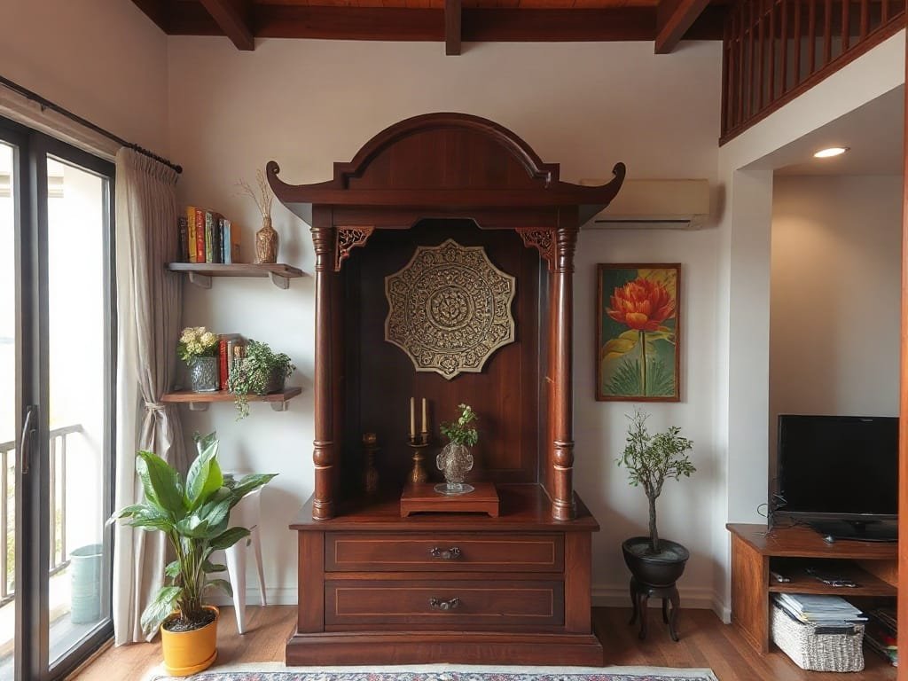 4 Kiểu Bàn Thờ Tiết Kiệm Không Gian Sống - Giải Pháp Tối Ưu Cho Nhà Phố Việt Bàn thờ gỗ tiết kiệm không gian nhiều tầng trong căn hộ nhỏ Việt Nam.