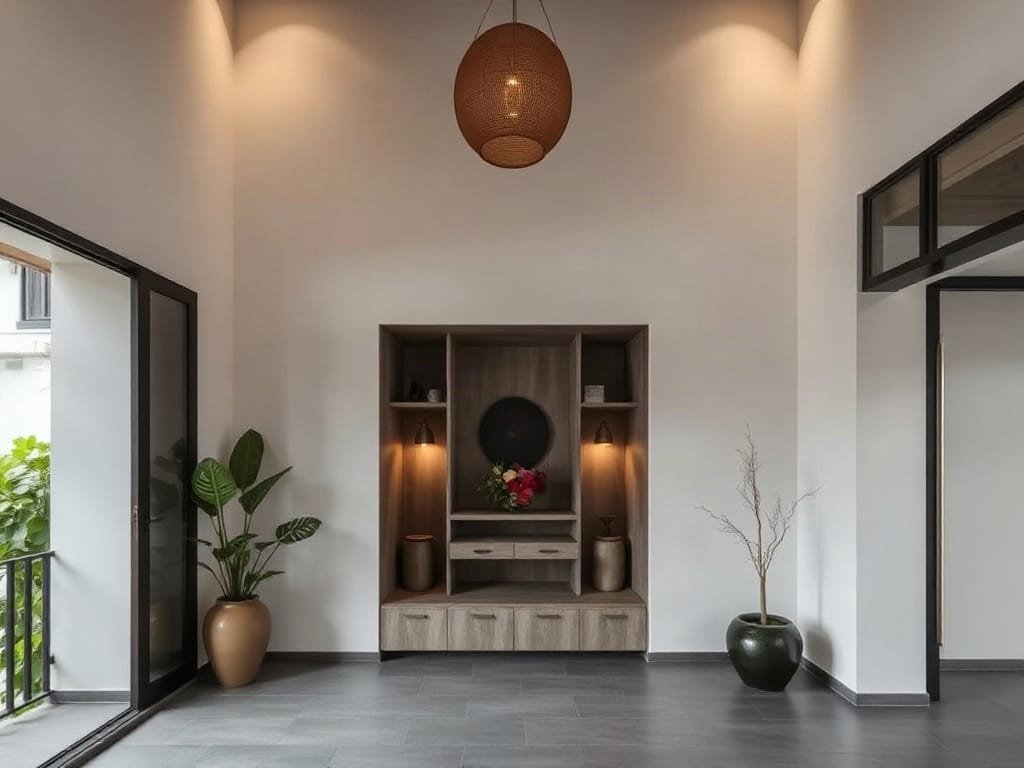 4 Kiểu Bàn Thờ Tiết Kiệm Không Gian Sống - Giải Pháp Tối Ưu Cho Nhà Phố Việt Thiết kế bàn thờ kết hợp truyền thống và hiện đại trong xưởng nghệ sĩ Việt Nam.