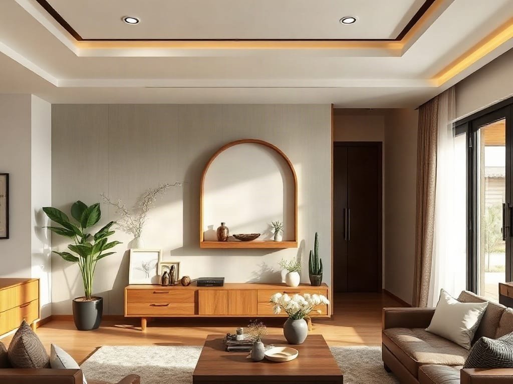 4 Kiểu Bàn Thờ Tiết Kiệm Không Gian Sống - Giải Pháp Tối Ưu Cho Nhà Phố Việt Bàn thờ treo tường tối giản trong phòng khách nhà Việt Nam hiện đại.