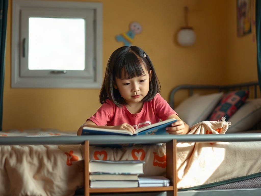 Bé gái Việt Nam đọc sách trên giường tầng sáng rực.