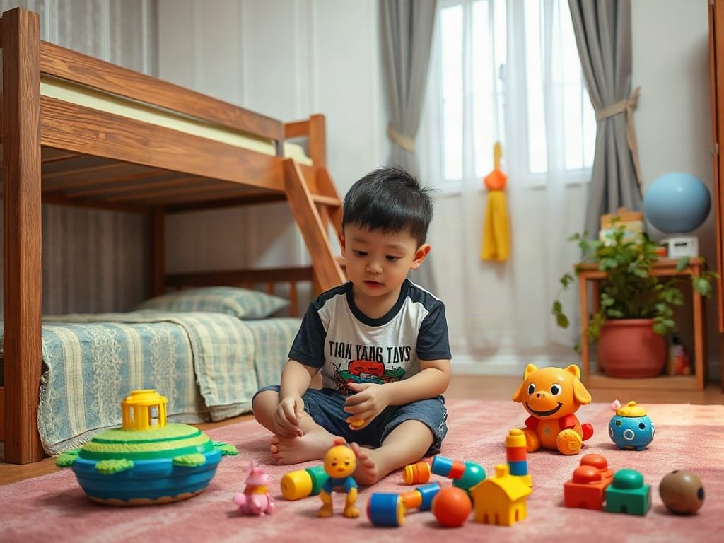 Bé trai Việt chơi đồ chơi trong phòng với giường tầng.