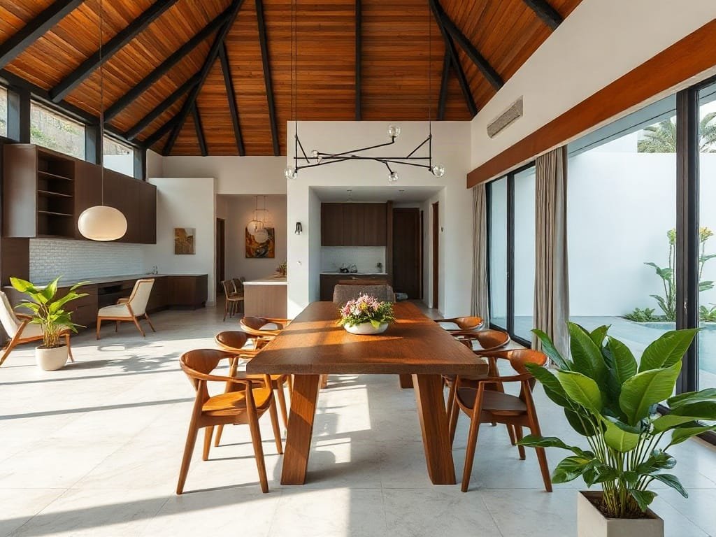 Biệt thự hiện đại ở Việt Nam với bàn ăn gỗ.