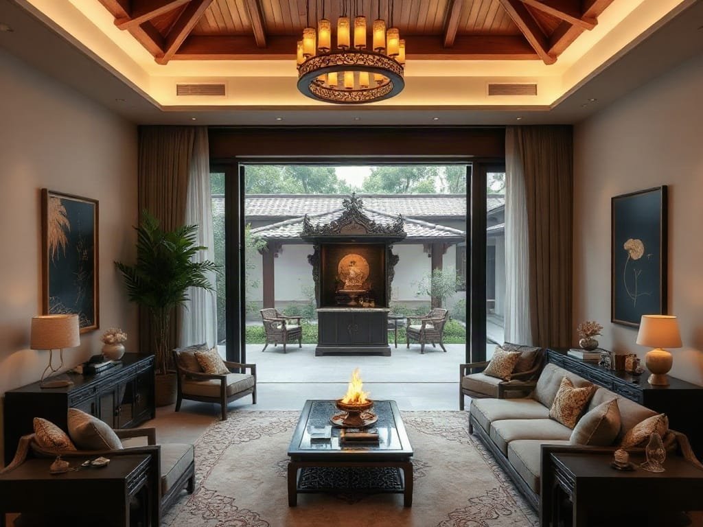 4 Kiểu Bàn Thờ Tiết Kiệm Không Gian Sống - Giải Pháp Tối Ưu Cho Nhà Phố Việt Biệt thự Việt Nam cao cấp với bàn thờ kéo ra giấu kín trong thiết kế nội thất.