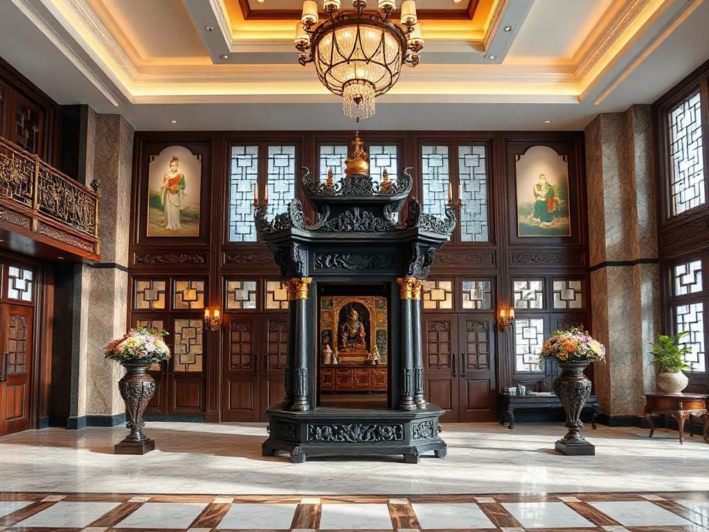 4 Kiểu Bàn Thờ Tiết Kiệm Không Gian Sống - Giải Pháp Tối Ưu Cho Nhà Phố Việt Biệt thự Việt Nam sang trọng với bàn thờ đứng chạm khắc tinh xảo.
