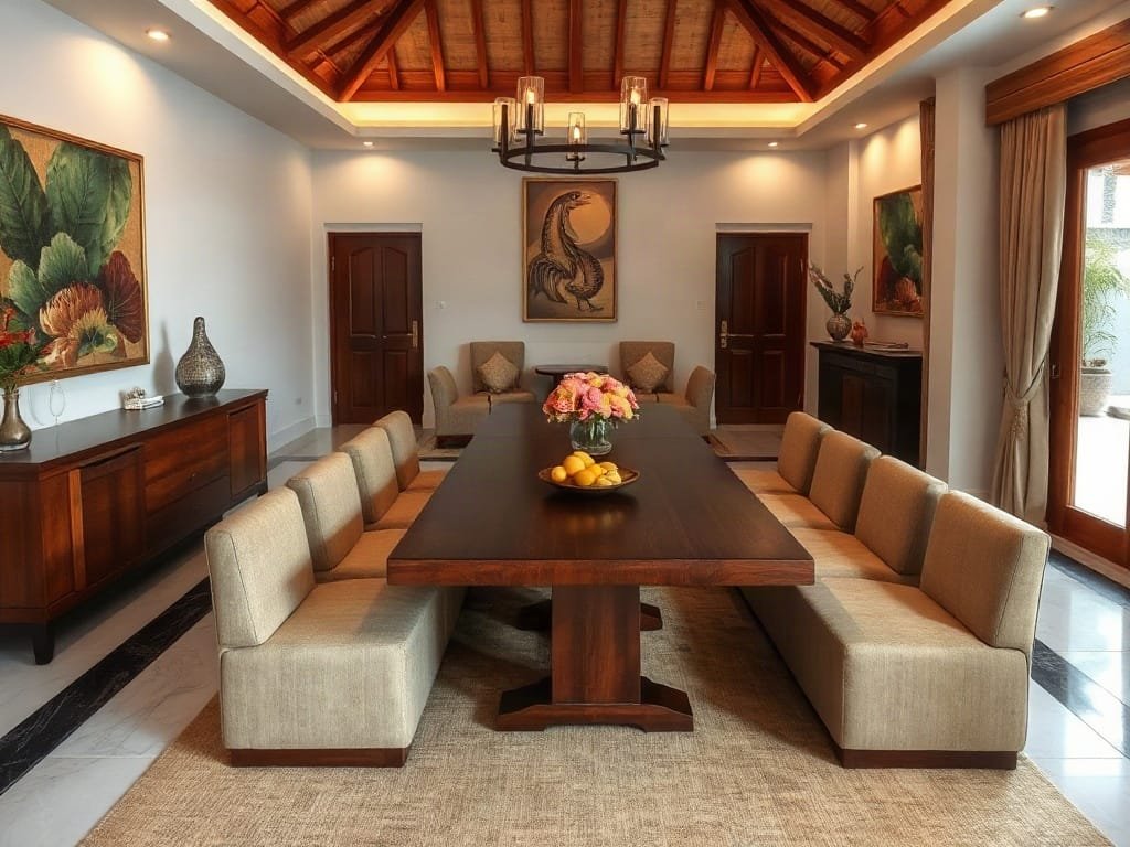 Biệt thự Việt Nam với bàn ăn gỗ, tranh tường nghệ thuật.