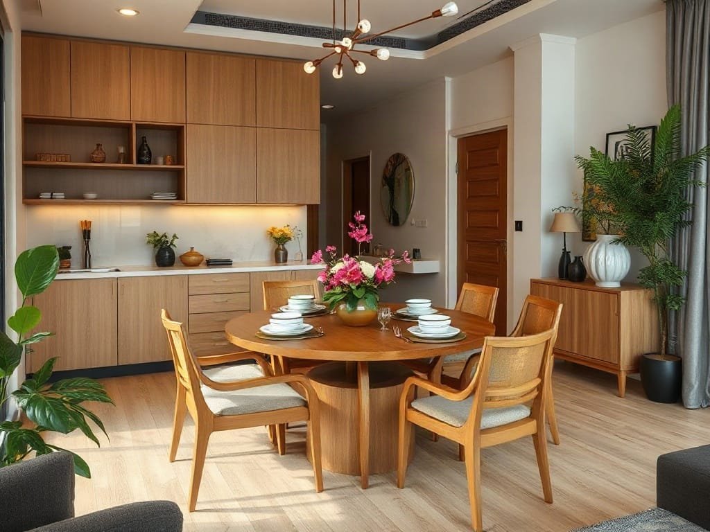 3 Cách Chọn Màu Sắc Bàn Ăn Gỗ Hoàn Hảo Cho Không Gian Sống Bộ bàn ăn gỗ sang trọng trong căn hộ Việt Nam hiện đại.
