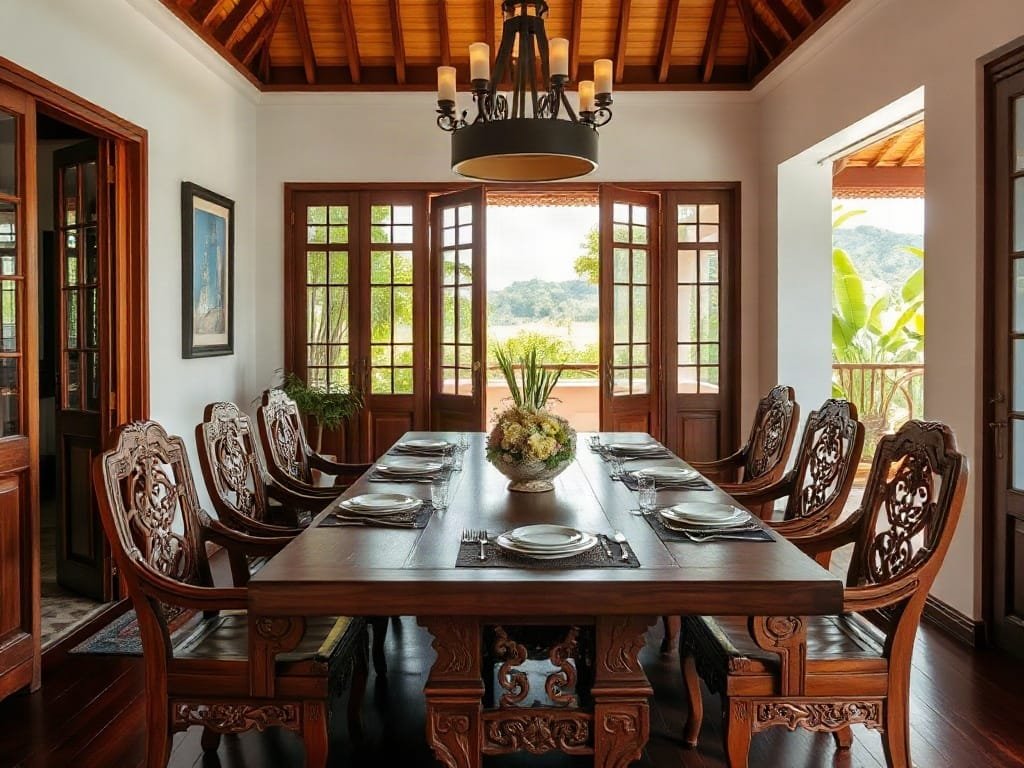 Khám Phá 8 Đặc Điểm Nổi Bật Của Bộ Bàn Ăn Cao Cấp Bộ bàn ăn gỗ với thiết kế tinh tế trong biệt thự Việt.