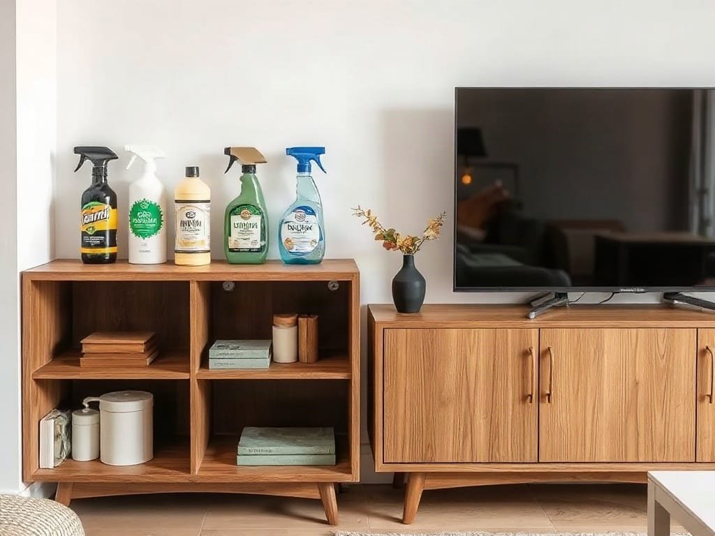 6 Cách Làm Sạch Kệ Tivi Gỗ Đơn Giản Và Hiệu Quả Tại Nhà Cận cảnh các sản phẩm tẩy rửa trên kệ cạnh đơn vị tivi gỗ trong căn nhà Việt hiện đại