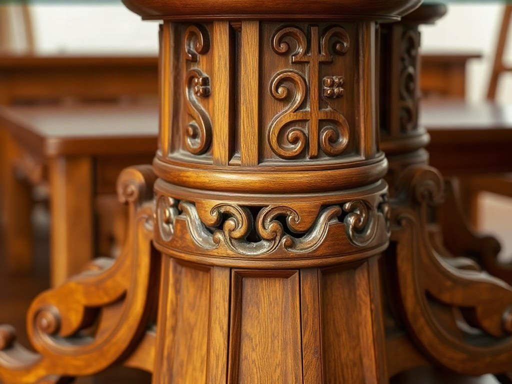 Cận cảnh chi tiết chạm khắc trên chân bàn ăn bằng gỗ của Việt Nam