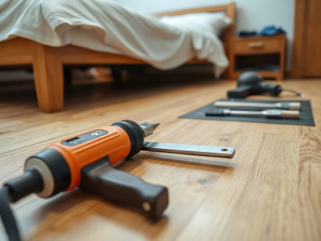 Cận cảnh dụng cụ cần thiết cho lắp đặt giường trên sàn gỗ tại nhà Việt Nam.
