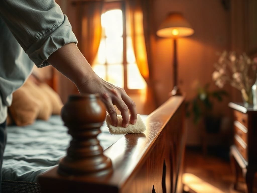 Cận cảnh người Việt đánh bóng khung giường gỗ trong không gian ấm áp.