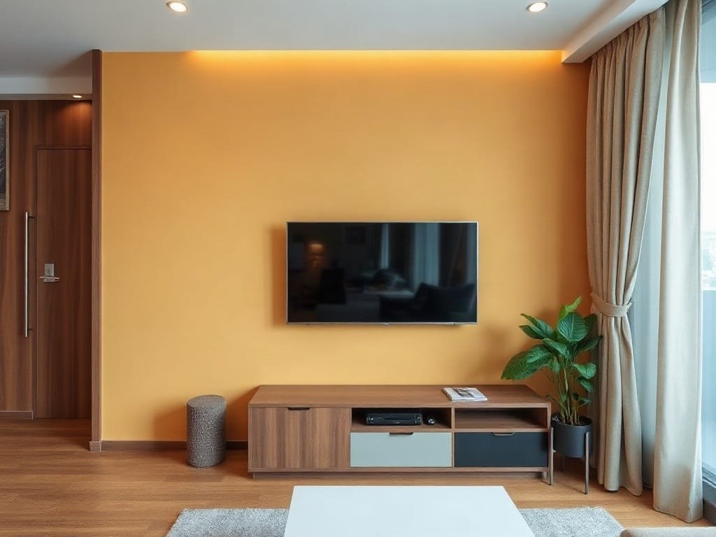 Căn hộ đô thị Việt Nam có kệ tivi hiện đại trên nền tường sống động.