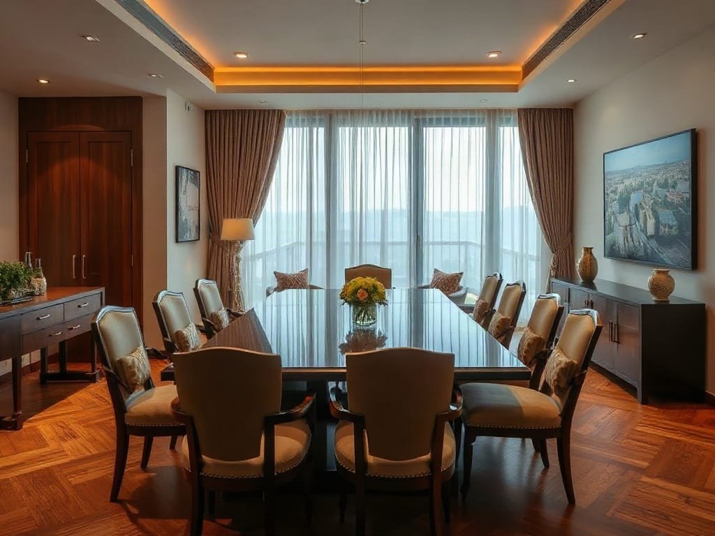 Căn hộ sang trọng Việt Nam với bàn ăn gỗ lớn.
