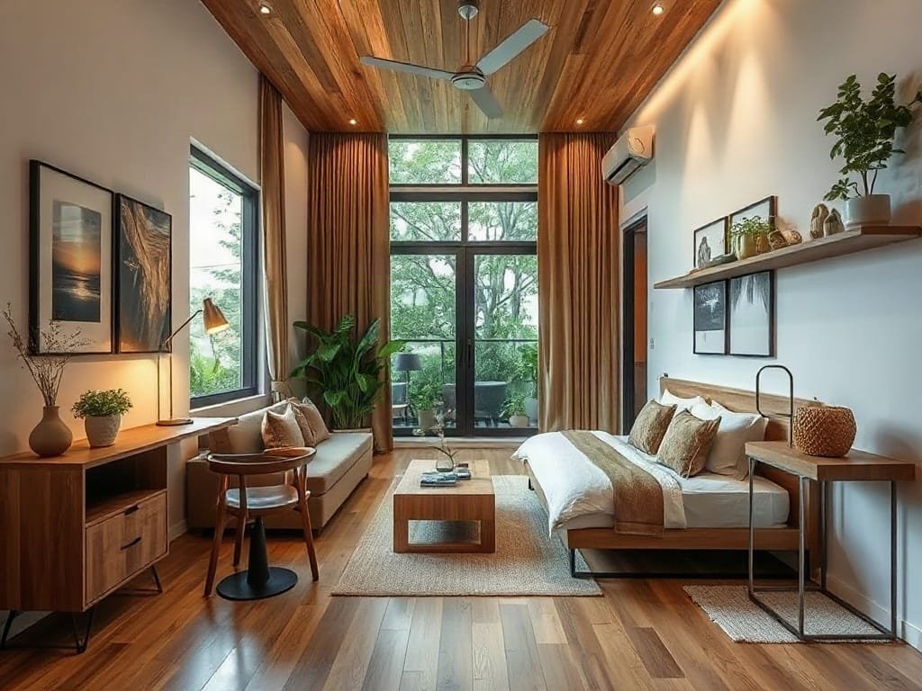 Căn hộ studio thành phố Việt Nam với nội thất gỗ tự nhiên