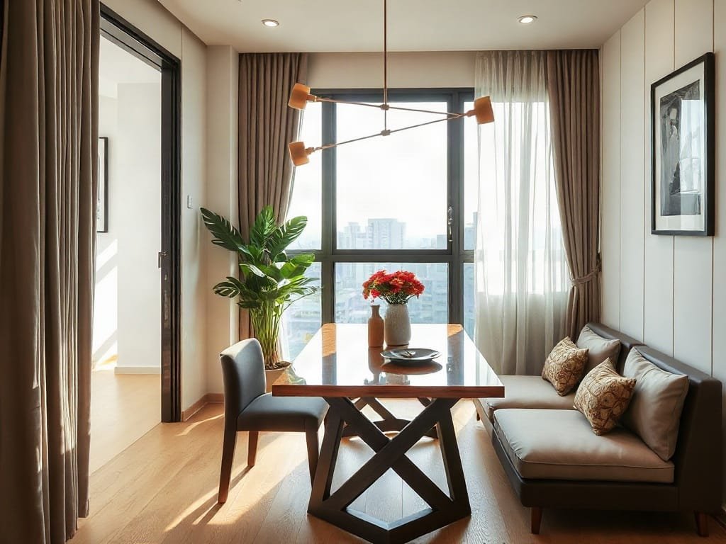 Căn hộ Việt Nam với bàn ăn gỗ mặt kính.