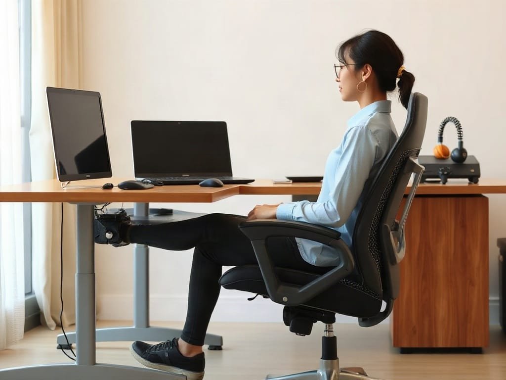 5 Mẹo Chọn Bàn Làm Việc Không Gây Mỏi Lưng: Bí Quyết Cho Sức Khỏe Văn Phòng Cạnh bên người Việt ngồi thoải mái tại bàn với ghế ergonomic.