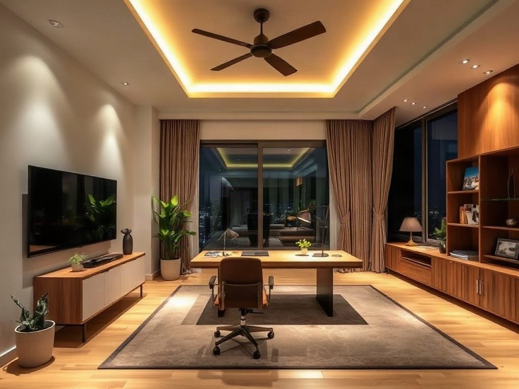 5 Mẹo Chọn Bàn Làm Việc Không Gây Mỏi Lưng: Bí Quyết Cho Sức Khỏe Văn Phòng Cảnh đêm của văn phòng tại nhà rộng rãi, hiện đại phong cách Việt, thiết kế cân bằng công việc và cuộc sống.