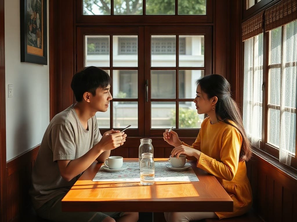 Khám Phá 8 Đặc Điểm Nổi Bật Của Bộ Bàn Ăn Cao Cấp Cặp đôi Việt ăn sáng tại góc ăn sáng đầy nắng với đồ nội thất gỗ.