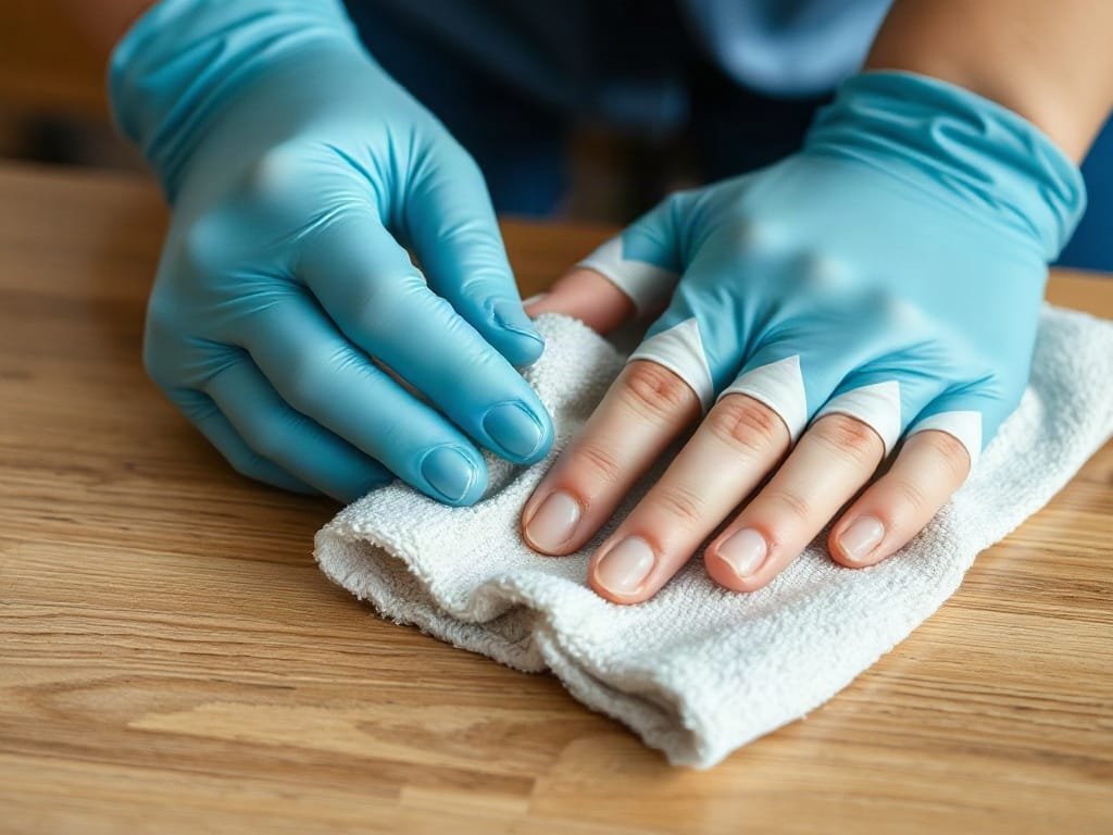 Chi tiết người dùng khăn microfiber trên bề mặt gỗ