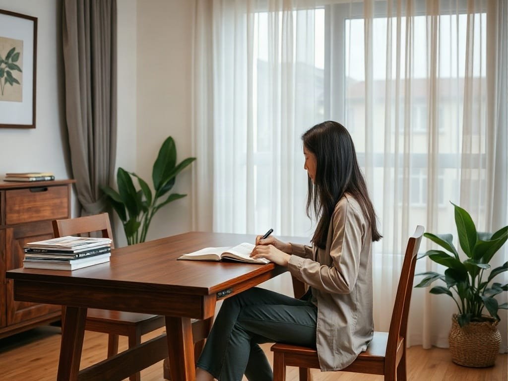 Chuyên gia Việt Nam đọc sách tại bàn gỗ trong nhà hiện đại.