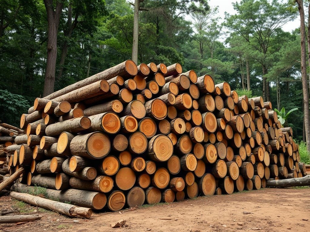 Đống gỗ gụ tròn nguyên liệu tại xưởng