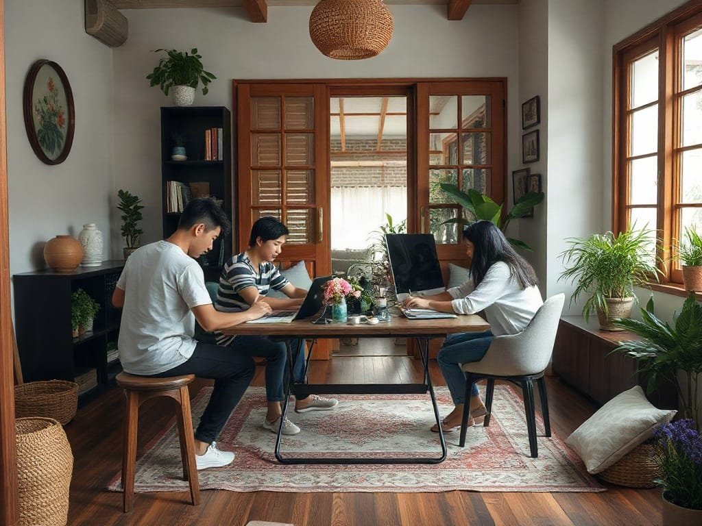 Gia đình sắp xếp không gian làm việc tại nhà