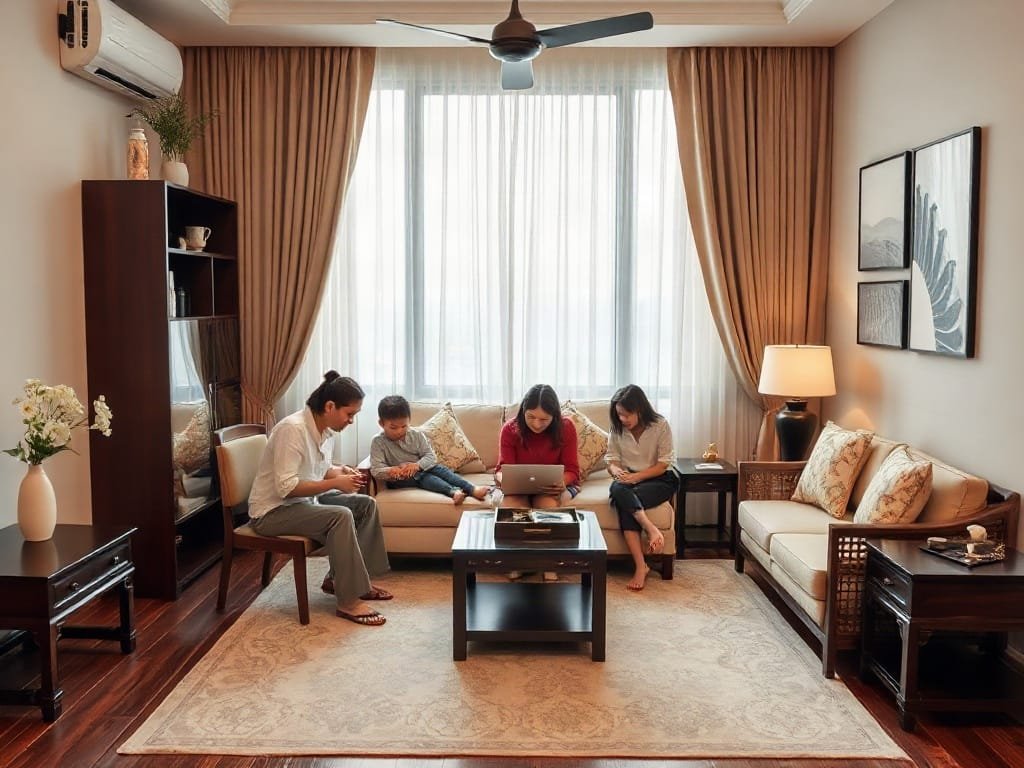 Gia đình sắp xếp nội thất trong phòng ngủ phong cách Việt Nam.