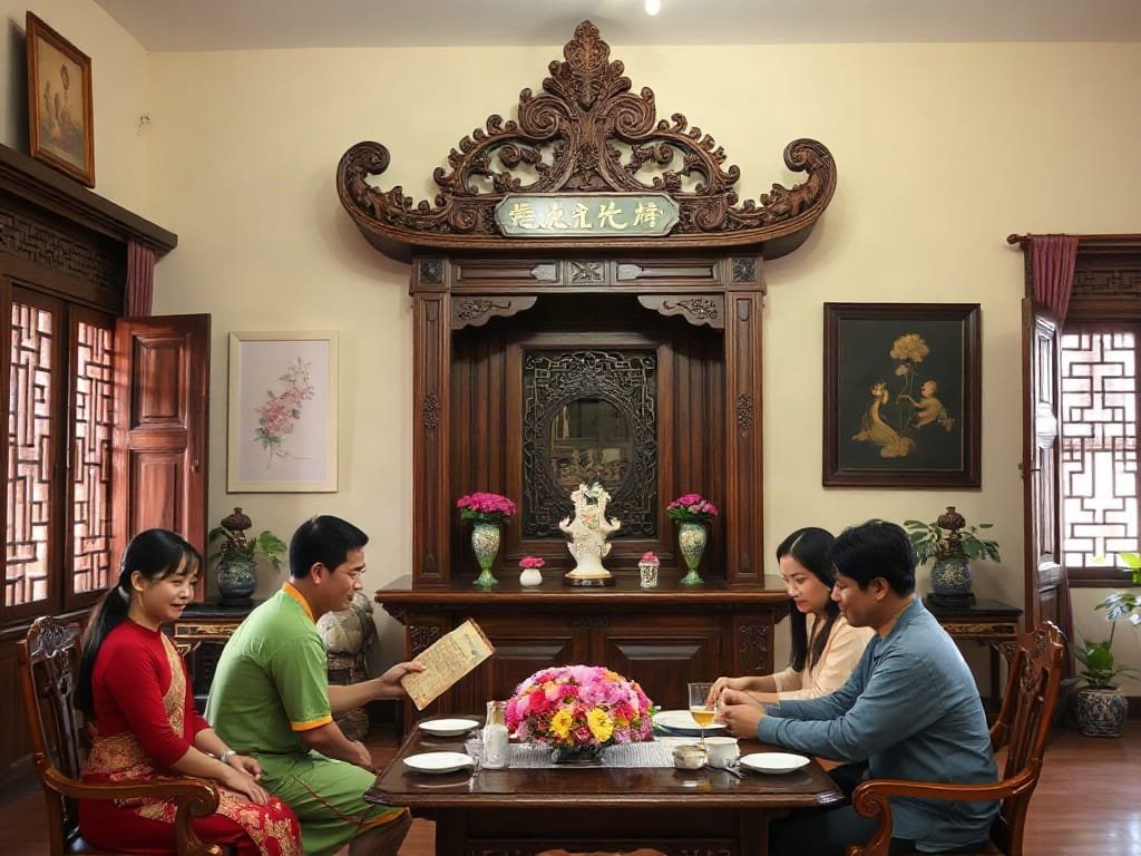 Ngôi nhà Việt thanh bình với bàn thờ gỗ được trang trí tinh tế trong phòng khách.