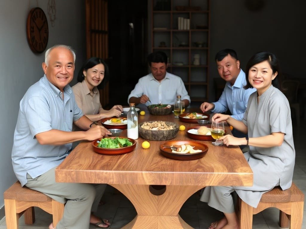 Gia đình Việt Nam dùng bữa quanh bàn ăn gỗ tự nhiên.