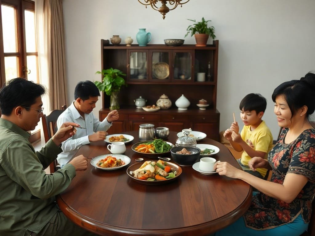 Gia đình Việt Nam quây quần bên bàn ăn gỗ cổ điển